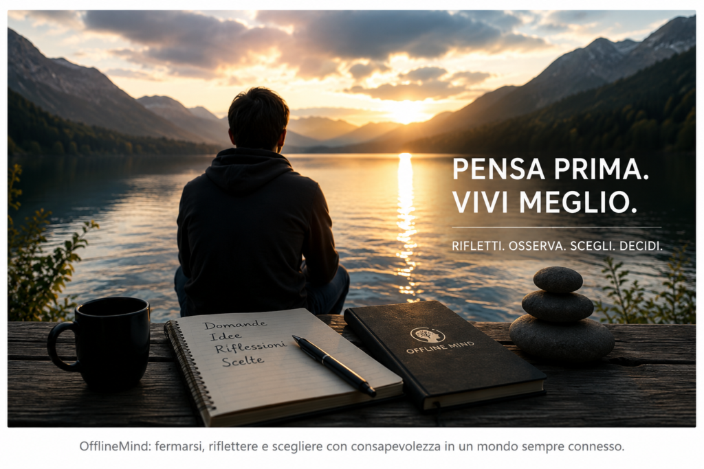 Persona seduta davanti a un lago al tramonto mentre riflette in silenzio sul valore del pensiero senza interruzioni.