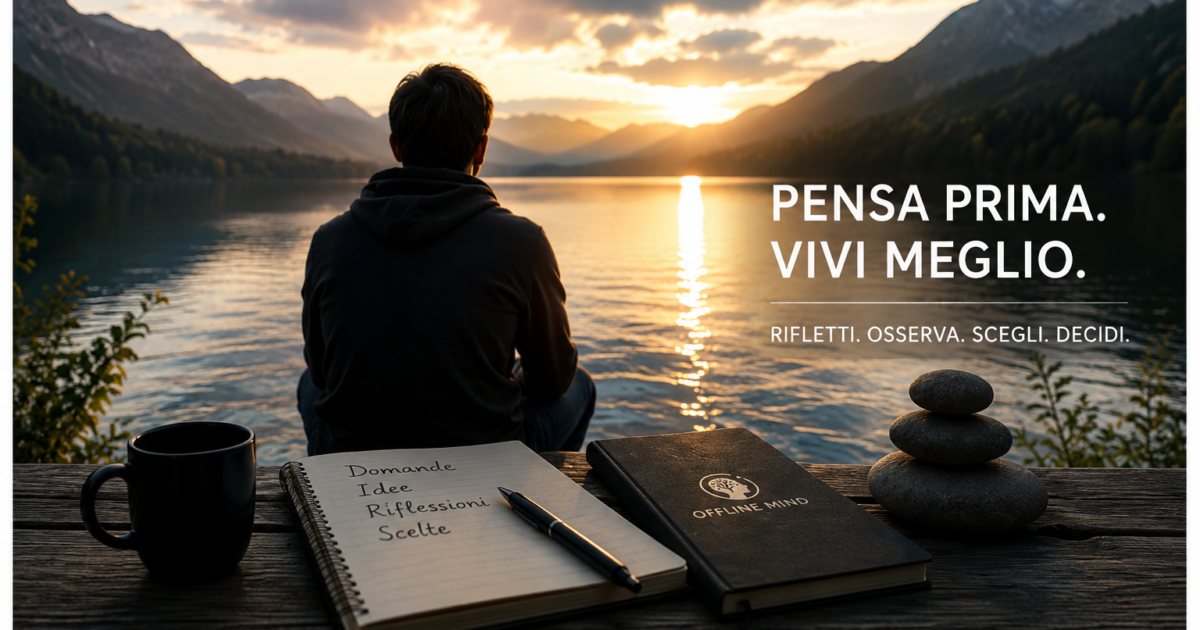 Persona seduta davanti a un lago al tramonto mentre riflette in silenzio sul valore del pensiero senza interruzioni.